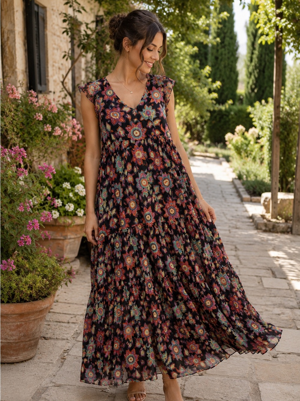 Sundance Floral Tiered Cottagcore Artisan Prairie Boho Beach Lined Maxi Dress PL